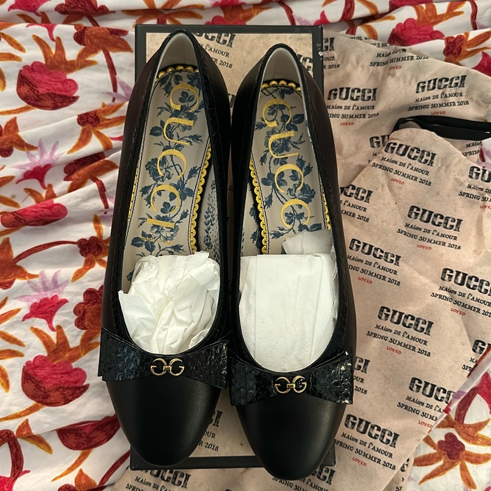 GUCCI NIB Malaga Kid / Elaphe Radiata Lux Black Ballet Flats Size 40
